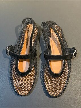 Black Mesh Mary Jane Flats with Adjustable Strap